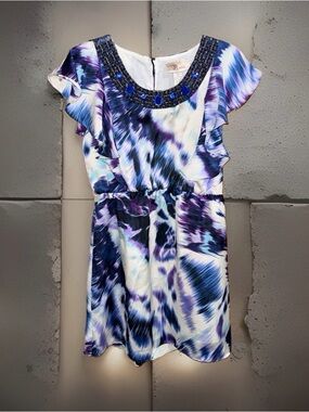 Vtg Roulette Blue & Purple Printed Ruffle-Sleeve Dress with Beaded Neckline-M-EC